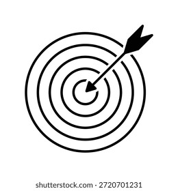 Uma ilustração simples, mas poderosa, de um alvo com uma flecha atingindo o alvo, simbolizando sucesso, precisão e realização. O design em preto e branco o torna versátil para várias aplicações.
