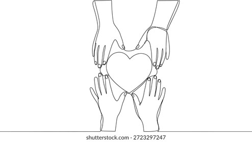 Un simple pero poderoso dibujo de líneas de múltiples manos que se unen para sostener un corazón, simbolizando la unidad, el amor y la fuerza que se encuentra en la unión. La Imagen transmite un sentido de familia, amistad o vínculo comunitario sobre un valor o emoción compartidos.