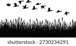 A simple yet powerful silhouette illustrating ducks taking off from a marsh, perfect for natural themes and wildlife publications.