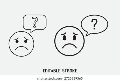 Una Ilustración vectorial simple pero poderosa de un emoji de cara triste o llorosa junto con una burbuja de discurso cuestionadora. 