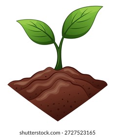 Ilustração vetorial simples, mas poderosa, com uma planta jovem fresca com duas folhas verdes vibrantes que emergem de um montículo grosso e texturizado de solo fértil escuro. O broto tenro fica alto em uma haste esbelta, simbolizando nova vida, esperança, renovação, crescimento ambiental, despertar da primavera, e a promessa de desenvolvimento. Ideal para campanhas ecológicas, relatórios de sustentabilidade, blogs de jardinagem, promoções agrícolas, cartazes motivacionais, conscientização sobre mudanças climáticas, visuais de agricultura orgânica, gráficos de crescimento pessoal, materiais de conservação da natureza, temas de start-ups e inovação, e projetos inspiradores sobre começos e florescimento.