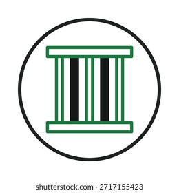 Un gráfico abstracto simple pero llamativo con una estructura rectangular verde y negra que se asemeja a un pilar o puerta de enlace. El diseño está encerrado dentro de un marco circular negro limpio, creando un