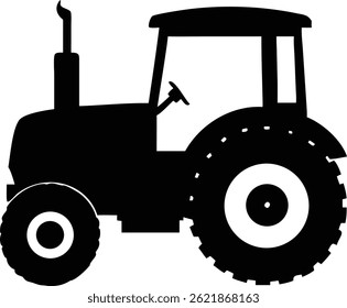 A simple yet striking black tractor silhouette against a white backdrop highlights the iconic symbol of farm machinery and rural agriculture. This isolated symbol evokes themes of farming
