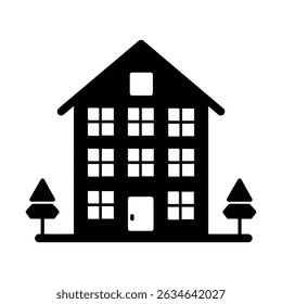 Simple yet striking black two-story building, depicted in icon form. It features nine windows, a central door, and two stylized trees flanking the structure, all against a transparent background.