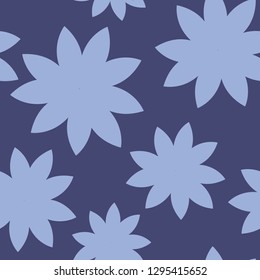 Simple yet striking, blue hand drawn flower shapes on a dark blue background. Seamless repeat pattern. Perfect for summer home decor, fashion, textiles, graphic design and paper items. Vector.