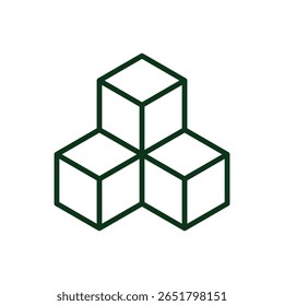 Um ícone geométrico simples, mas impressionante, com três cubos interconectados exibidos em um estilo de design minimalista contra um fundo branco, representando estrutura, ordem e simplicidade.