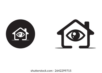 A simple yet striking graphic design featuring a house icon with an eye in the center, symbolizing home security or surveillance. The image is isolated on a white background, 