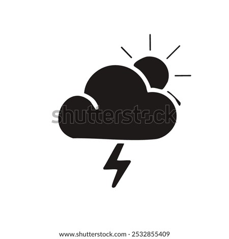 A simple yet striking illustration of a weather icon depicting a partly cloudy day with a chance of thunderstorms.  The icon features a bold, black silhouette of a cloud with a sun peeking out 