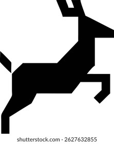 A simple yet striking image showcases a leaping deer rendered in a geometric block style. The deer's silhouette is bold and black, conveying strength and dynamism.