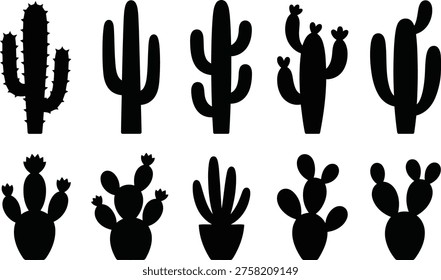 A simple yet striking set of black cactus silhouettes, showcasing various shapes and sizes for desert botanical themes.