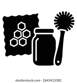 A simple yet striking silhouette depicting a cleaning cloth with a honeycomb pattern, a jar, and a toilet brush. The bold, black silhouette style is a distinctive feature.