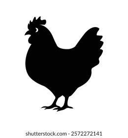 A simple yet striking silhouette design of a chicken. The black color emphasizes the shape, making it clean and visually appealing. Perfect for use in logos, posters, or design projects.