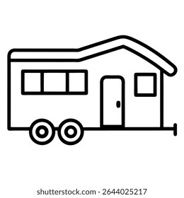 A simple yet stylish black and white line art illustration depicts a recreational travel trailer, ideal for outdoor adventures.