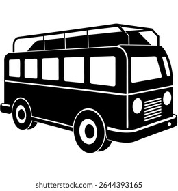 A simple yet stylish black and white vector illustration depicts a classic travel bus isolated on a crisp white background.