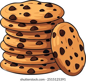 Una ilustración simple pero tentadora de una pila de cinco galletas de chocolate marrón dorado, con una galleta ligeramente inclinada, apoyada contra la Ilustración vectorial de la pila