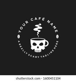 A simple yet unique logo design combining a skull and cup off coffee with a dead smoke. 