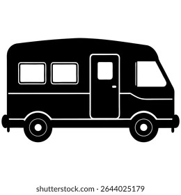 A simple yet versatile black and white vector illustration showcases a classic campervan, ideal for travel-themed projects.