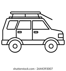 A simple yet versatile black and white outline illustration depicts an adventure travel car equipped with a roof rack.