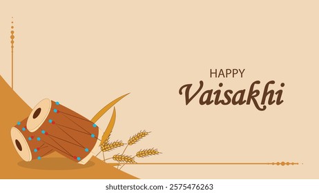 A simple yet vibrant Vaisakhi greeting with a traditional drum and wheat, celebrating the harvest festival with "Happy Vaisakhi" text