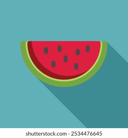 Simple yet vibrant vector illustration of a juicy watermelon slice, casting a long shadow on a blue background