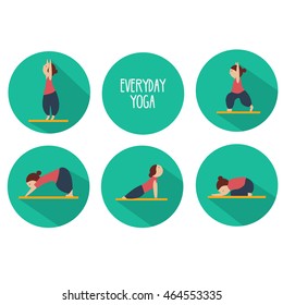 Simple yoga poses for beginners. Five poses that everyone can do. Isolated vector icons set