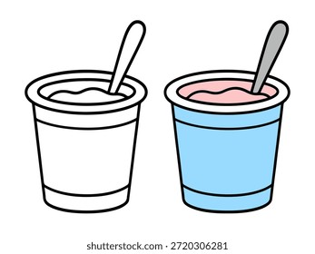 Ilustración simple de la taza del yogur con una versión coloreada y una versión del contorno, estilo limpio y mínimo conveniente para los iconos, las pegatinas, los gráficos de la comida, el contenido de los niños, y las páginas para colorear.