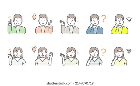 Simple young person (upper body)  gesture pattern illustration set