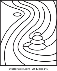 Simple Zen Garden Stone Cairn Art Black and White Outline a tranquil garden landscape with gracefully curved lines forming sand or water patterns with a balancing stone cairn in the foreground