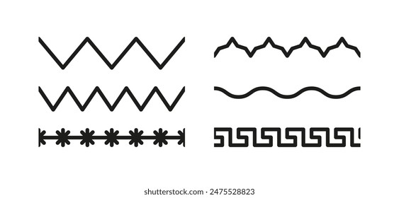 Simple zigzag elements vector illustration. Set of machine thread sew brushes. Seamless sewing stitches collection. Overlock embroidery seams. Line border isolated on white background.