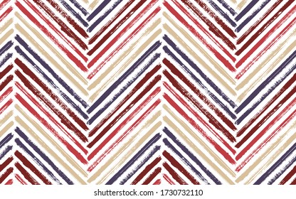 Simple zigzag interior print vector seamless pattern. Ink brushstrokes geometric stripes. Hand drawn paint texture zig zag chevron wallpaper. Stripes lines textile print seamless design.