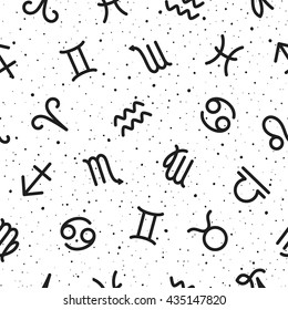 Simple zodiac signs seamless vector pattern with tiny uneven dots texture. Zodiac icons astrological background with hand drawn speckles. Horoscope symbols monochrome pattern.