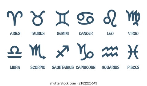 Simple zodiac signs. Twelve months constellation horoscope symbols, virgin virgo libra cancer pisces leo lion sagittarius archer ram scorpion taurus twins, astrological glyphs