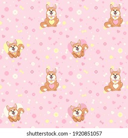 Simpless pattern with funny cute dogs, hearts, flowers and bones on a pink background.
The pattern is separated from the background.