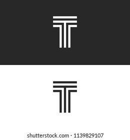 Simplest logo T letter monogram, capital letter initial linear minimal style typography design element, black and white parallel lines creative mark