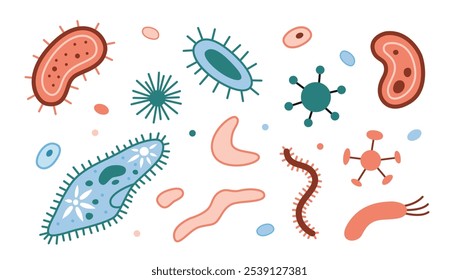 O conjunto mais simples de organismos unicelulares, bactérias e vírus, micro-organismos ao microscópio. Paramecium caudatum e outros protozoários. Moderna ilustração vetorial isolado em branco, plano