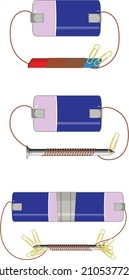 Simplest way to Make an electromagnet concept flatdesign illustration, current carring coil, magnetic effect of current, how to build electromagnet, , temprory magnet, close circuit.  