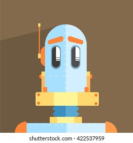 Simpleton Robot Character Portrait Icon In Weird Graphic Flat Vector Style On Bright Color Background