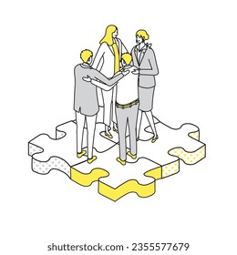 A simple-touch isometric illustration of a business team organized with a puzzle motif.