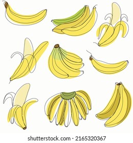 Sencillez banana fruta libre línea continua dibujando colección de diseño plano.Ilustración vectorial.