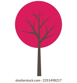 Simplicity bright purple red pink tree with trunk, branches and crown, growing from the flat earth, beautiful logo icon card concept artwork