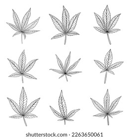 Sencillez de la colección de diseño plano de hoja de cannabis a mano alzada. Ilustración vectorial.