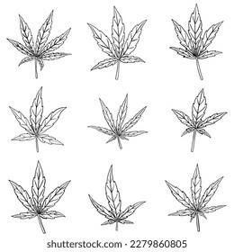 Sencillez de la colección de diseño plano de hoja de cannabis a mano alzada. Ilustración vectorial.