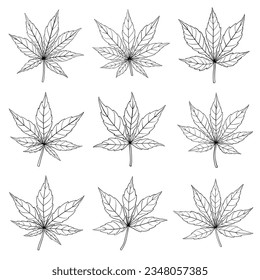 Sencillez de la colección de diseño plano de hoja de cannabis a mano alzada. Ilustración vectorial.