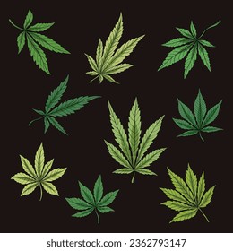 Simplicity cannabis leaf freehand drawing flat design collection. Vector illustration.