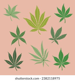 Einfachheit Cannabis Blatt Freehe und Zeichnung flach Design Sammlung. Vektorgrafik.
