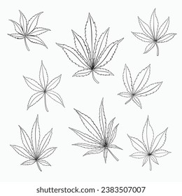 Sencillez de la colección de diseño plano de hoja de cannabis a mano alzada. Ilustración vectorial.