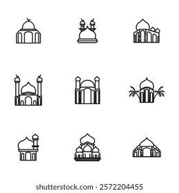 Simplicity in Faith: Mosque Icon Outline. Serenity in Lines: Mosque Outline Design. Minimalist Mosque Symbol. Modern Mosque Silhouette