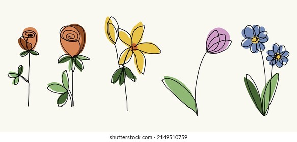 Diseño plano de líneas continuas con flor simple.Ilustración vectorial.