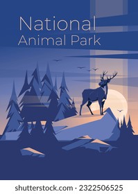 simplicity of a geometric blue landscape with a deer on a rock. Sunrise and harmony. Tourism and nature park. Vector illustration