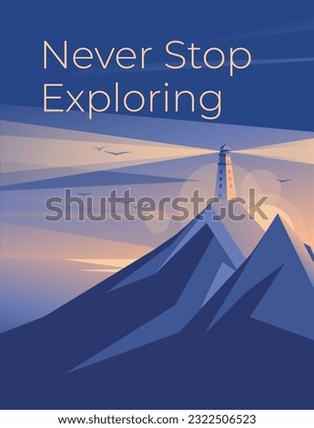 simplicity of a geometric blue landscape with a lighthouse on a rock. Sunrise and harmony. Tourism and adventure. Vector illustration